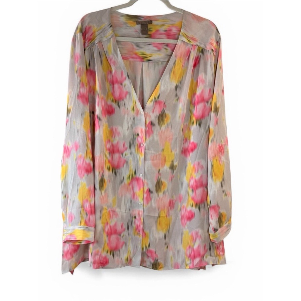 H&M Plus Blouse Women 24 Pink Yellow Watercolor Floral Button Front Top